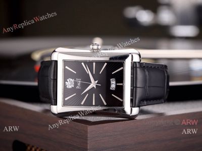 Copy Piaget Automatic Watches 40mm SS Black Dial Black Leather Band